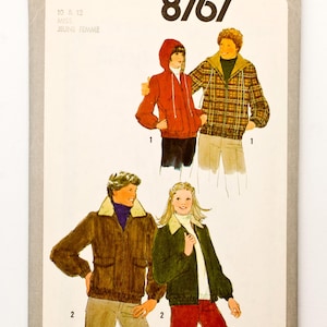 May include: A vintage Simplicity pattern, number 8767, showcasing jacket designs. The pattern is for sizes 10 & 12, labelled "MISS JEUNE FEMME". The illustrations depict different jacket styles, including a red hooded jacket and a plaid jacket.