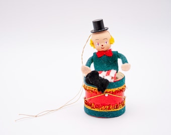 Vintage Christmas Tree Ornament Circus Clown Toy with Hat Sitting on Musical Drums, Made in Japan, Year 1970s&#39;
