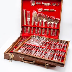 NOS Vintage Thai Bronze Besteck Set, 8 Gedecke, Luxus Geschenk mit Etui