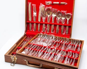 NOS Vintage Thai Bronze Flatware Set, 8 Place Settings, Luxury Gift with Case