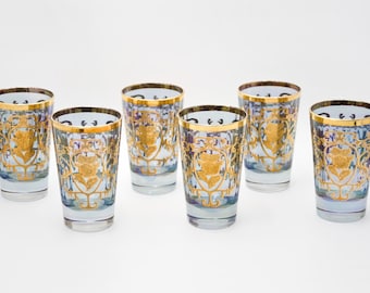 Set of 6 Italian Crystal Glasses Blue Gold – Hand Wash, Real Gold Trim, Heavy 454g Each, Made in Italy