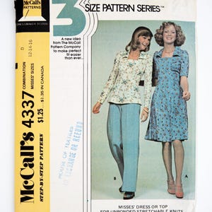 McCall&#39;s Sewing Pattern 4337, Vintage Pattern, Misses&#39; Dress, Top, Size 12-14-16, UNCUT (not factory folded) Year 1974