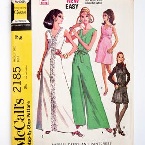 McCall&#39;s Sewing Pattern 2185, Vintage Pattern, Easy to Sew, Misses&#39; Dress, Pantdress, Size 16 Bust 38, CUT (complete) Year 1969