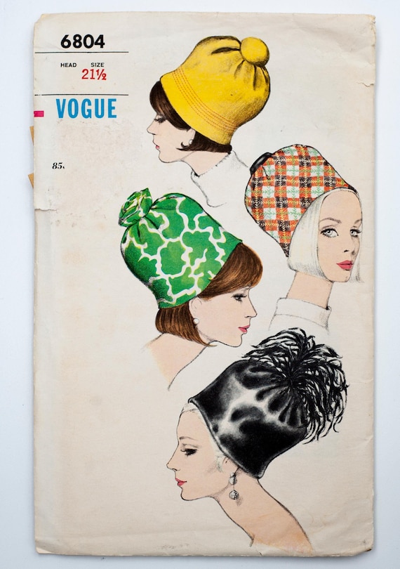 Vogue Sewing Pattern 6804, Vintage Pattern, Misses' Hat, Size 21 1/2, Cut (complete) Year 1966