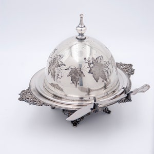 Antique Silver Plated Caviar / Butter Dish with Lid, Metal and Glass Insert Plate, Butter Knife, Forbes Plate Warranted 1357 Made in Canada