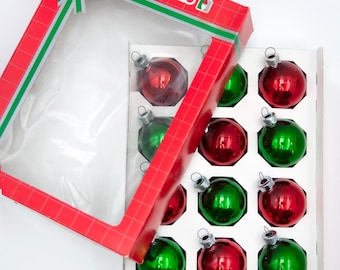 Two Sets of Vintage Xmas Balls Blown Glass Round Shape Green/Red Colours Christmas Tree Decorations/Ornaments, Made in Canada Year 1980s&#39;