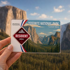 May include: A rectangular Yosemite National Park Tunnel View pass featuring a red diamond-shaped emblem with the text RESIDENT ANNUAL. The card displays a scenic illustration of the park, including mountains, trees, and a waterfall, with blue and red accents.