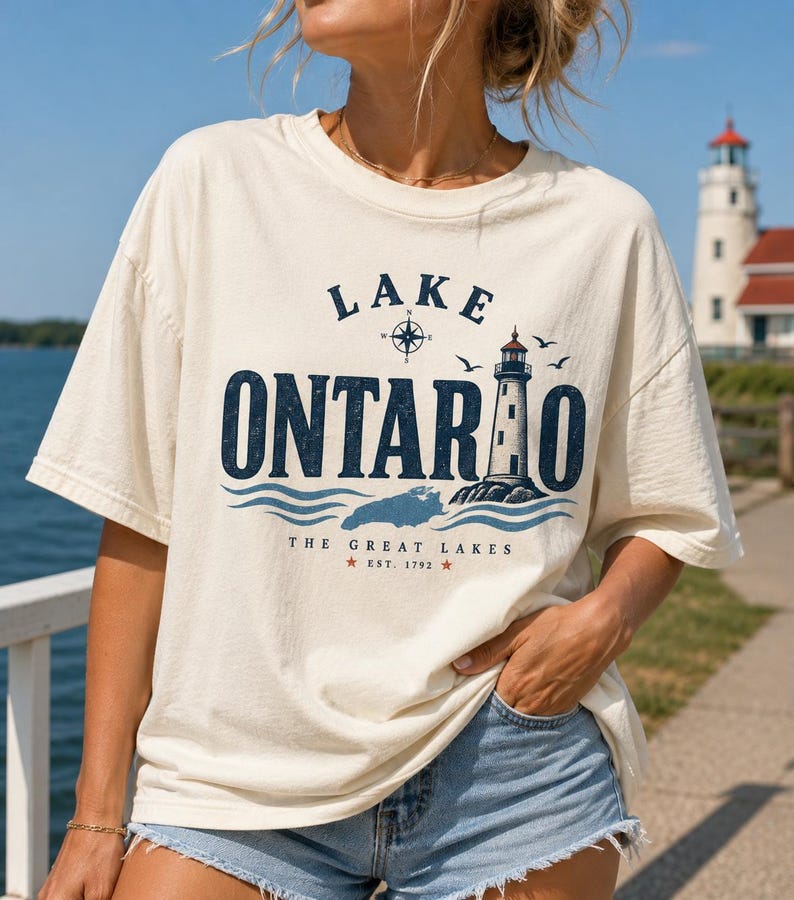 May include: A cream-coloured short-sleeve t-shirt featuring a graphic print that reads Lake Ontario, The Great Lakes, and Est. 1792. The design includes a compass rose, a lighthouse, birds, and blue waves in dark blue and light blue ink.