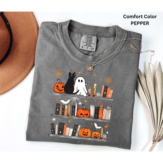 Halloween Bookshelf Shirt: Comfort Colors Tee with Ghost, Cat & Pumpkin