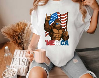 Bigfoot Merica Patriotic T-Shirt: 4th of July Sasquatch USA Flag Graphic