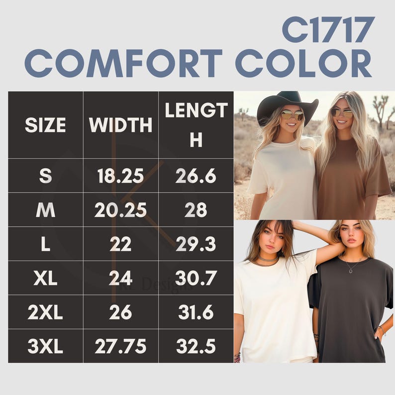 May include: A size chart for a Comfort Color t-shirt. The chart lists sizes S, M, L, XL, 2XL, and 3XL with corresponding width and length measurements. The shirt is available in WHITE, BLACK, ESPRESSO, BLUE JEAN, PEPPER colors, and the image shows models wearing the t-shirt in different shades, including cream and dark gray.
