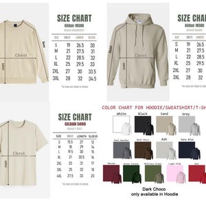 May include: Image featuring size charts for Gildan 18500 and 5000 apparel, including chest, length, and sleeve measurements in inches. A color chart displays options like white, black, sand, and grey. The text includes "Hoodie/Sweatshirt/T-Shirt".