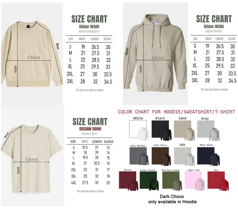 May include: Image featuring size charts for Gildan 18500 and 5000 apparel, including chest, length, and sleeve measurements in inches. A color chart displays options like white, black, sand, and grey. The text includes "Hoodie/Sweatshirt/T-Shirt".