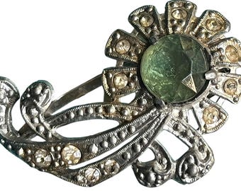 Pinza para vestido vintage Art Déco de los años 40 con flores verdes y diamantes de imitación