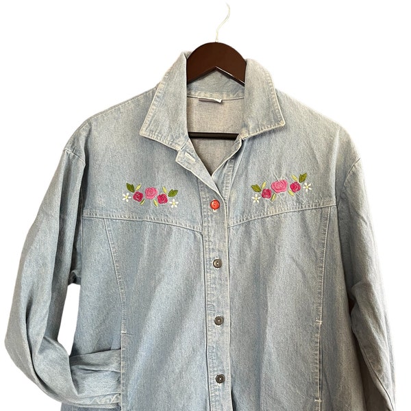 Vintage 1990s Embroidered Flowers Koret City Blues Jean Jacket - L - Cottagecore