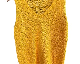 Chaleco de punto amarillo brillante de los años 90: sin mangas, mezcla de algodón y ramio, talla pequeña