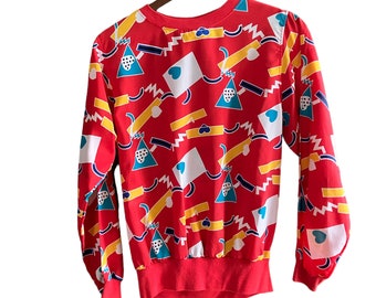 Vintage Shapely Red Geometric 80s Hearts Woman's Abstract Shirt S