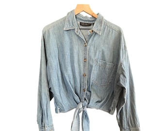 Camisa vaquera corta con lazo cruzado de Karen Kane, estilo vintage de los años 90 (talla 10-L)