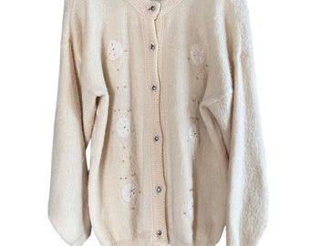 Cárdigan vintage de los años 80 para mujer con aspecto de mohair y angora, bordado con apliques de cuentas, talla L
