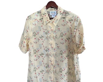 Vintage Fritz & Lloyd Sheer Yellow Roses Floral Button Down Blouse - Size 12 -