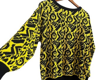 Suéter retro abstracto amarillo y negro vintage de los años 80