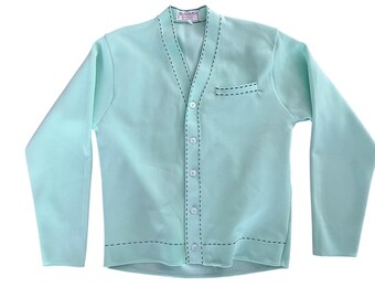 Cárdigan vintage de poliéster verde menta de los años 60 y 70 (talla L)