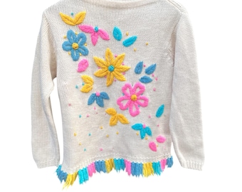 Suéter vintage de los años 60 con bordado de flores y cuello barco de lana talla S/M