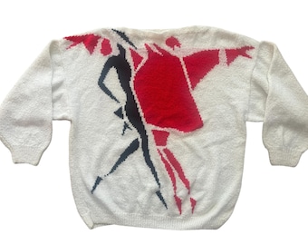 Suéter vintage de bailarinas de los años 80 y 90, abstracto, blanco, rojo y negro, talla L