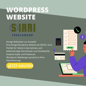 May include: Illustration of a person using a laptop to purchase a website. The text on the screen says "WOW YAR". The text on the ad says "WORDPRESS WEBSITE SIRRI FREELANCER Ready-made websites to choose from. A ready-made Wordpress website from £300.95 Perfect for: Small businesses and self-employed service providers and tradespeople Creative minds and freelancers Wordpress web design to suit your service! BUY NOW https://wordpressfertigewebseite.company.site"