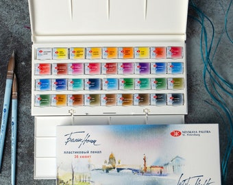 White Nights Artists Grade Extra Fine Professional Watercolor Set 36 Full 2.5ml Pans in a plastic box by Nevskaya Palitra