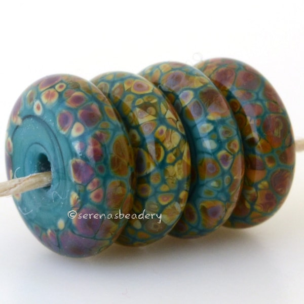 4 TEAL GREEN RAKU Brown Disks Lampwork Glass Disc Bead Set - taneres sra - 13 mm - glass disc bead - lampwork disc bead - green glass disc