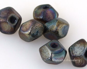 GOTHIC BLACK Faceted Nugget Rocks - Free formed Lampwork Glass Beads Handmade TANERES sra - 9 mm - grunge, metallic, steampunk