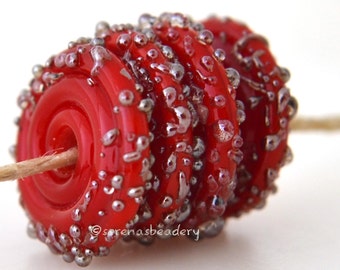 4 RED Silver Luster Sugar Wavy Disks Lampwork Glass Beads - TANERES - 12 to 15 mm - lampwork disc beads - glass disk beads