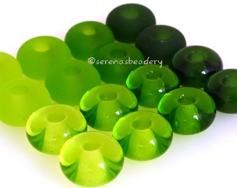 5 SAGE & GRASS GREEN Lampwork Bead Spacers - light, medium, and dark Handmade Glass Donut - Rondelle Bead - Glass Beads