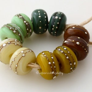 LEAFY Silver Dots Set - Handmade Lampwork Beads - taneres - glossy or matte - 11 mm - fine silver accents