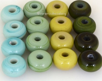 5 GREEN Lampwork Bead Spacers - mint, moss, pistachio, and cave - Handmade Glass Donut - Rondelle Bead - Glass Beads