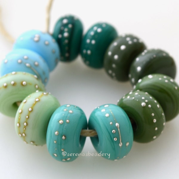 Lampwork Glass Bead Pairs GIVE Me Some GREEN with Fine SILVER Droplets - Handmade - taneres olive mint teal