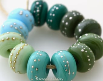 Lampwork Glass Bead Pairs GIVE Me Some GREEN with Fine SILVER Droplets - Handmade - taneres olive mint teal