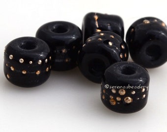 Tiny Tube Lampwork Glass Beads BLACK fine SILVER Dots Handmade - taneres - 6 mm