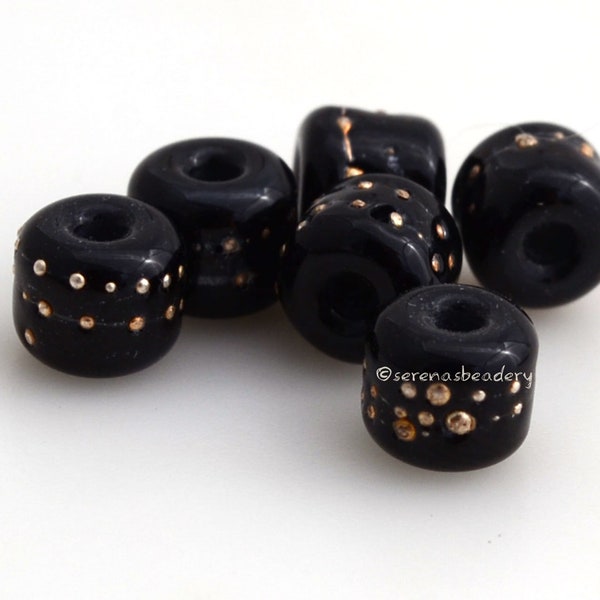 Tiny Tube Lampwork Glass Beads BLACK fine SILVER Dots Handmade - taneres - 6 mm