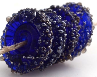 Cobalt Blue Luster Sugar Wavy Disks Lampwork Glass Beads - TANERES - glass disc bead - blue glass bead - lampwork disc bead - 15 mm