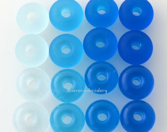 5 AQUA Lampwork Glass Spacer Beads - Pale, Light, Dark, and Deep Aqua - Glossy Matte - Handmade Blue Donut Bead - Rondelle TANERES