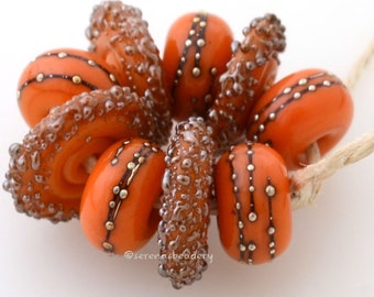 Harvest Orange Silver Droplets and Luster Sugar Wavy Disks Handmade lampwork glass bead set TANERES