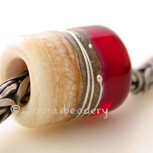 CHERRY RED IVORY Fine silver glossy European Charm Lampwork Glass Bead - taneres - 13x11 mm- big hole bead - glass charm bead