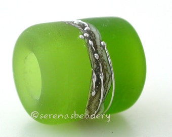 European Charm Lampwork Glass Bead OLIVE dark GRASS GREEN matte beach tube, big hole bead, 13x11 mm, lampwork charm bead,