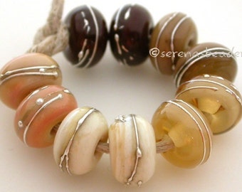Buyer's Choice - NEUTRALS with FINE SILVER - Handmade Lampwork Glass Beads - taneres brown ivory sage beige