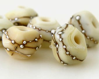 6 IVORY SILVER NUGGETS - Lampwork Glass Beads - Tiny Glass Rock - Handmade Nugget Beads - taneres sra - faceted ivory bead - silver droplets