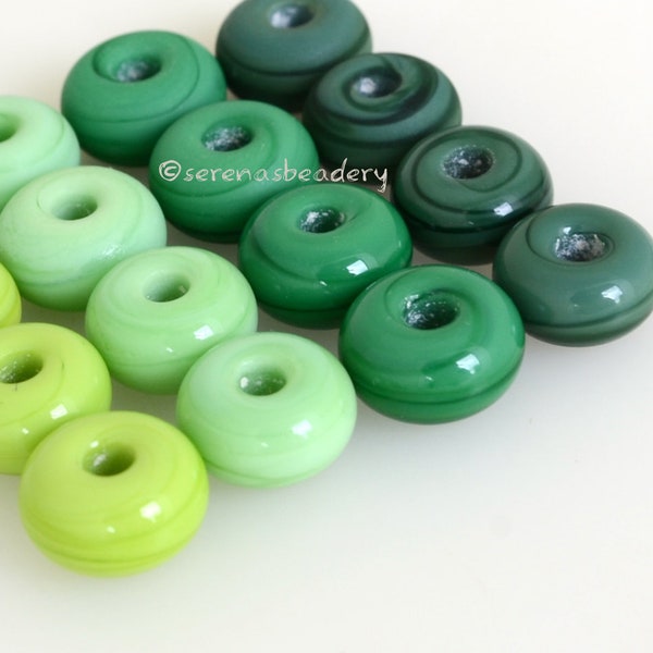 5 GREEN Lampwork Bead Spacers - pea, grasshopper, or grass - Handmade Glass Donut - Rondelle Bead - Glass Beads