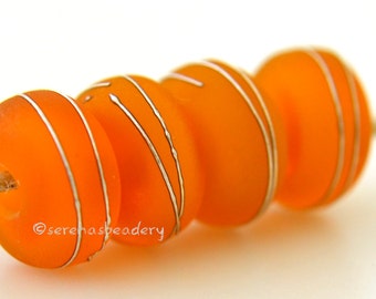 Lampwork Glass Beads 4 ORANGE PUMPKIN with Fine Silver Wire Wraps - Handmade - taneres