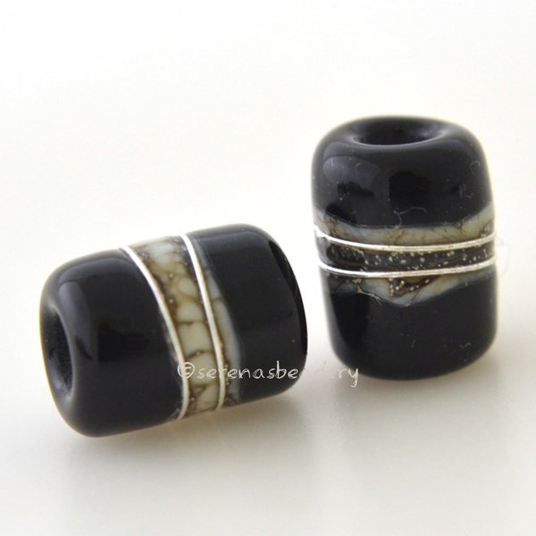 Paire de boucle d’oreille perle Lampwork Glass - BLACK MINI tous les Night Owl Tube - taneres - argenté Ivoire, fine pellicule argent, 10 x 7 mm